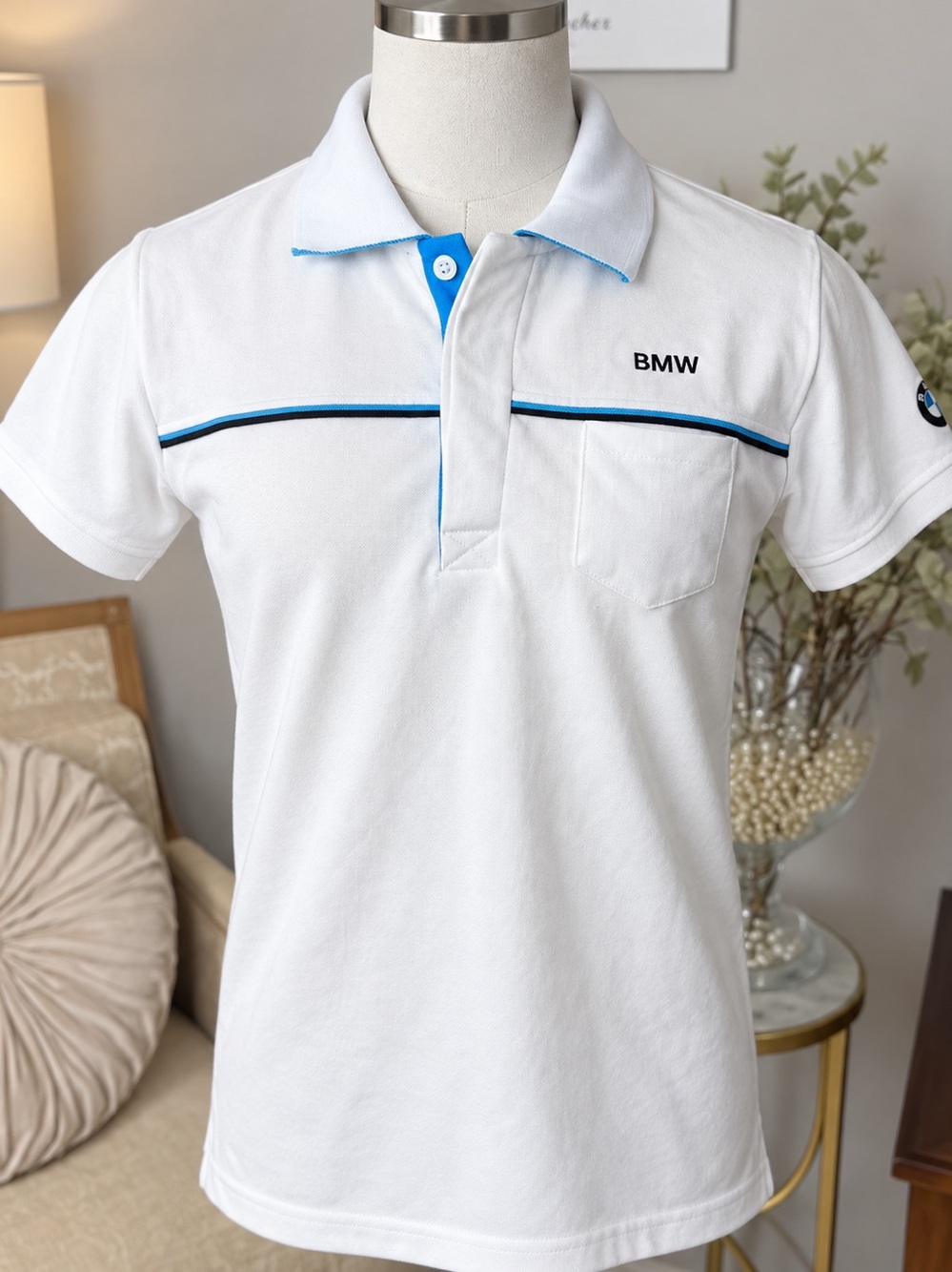 NWT BMW Lifestyle Collection Men’s Polo Shirt Size M White Blue Black Trim